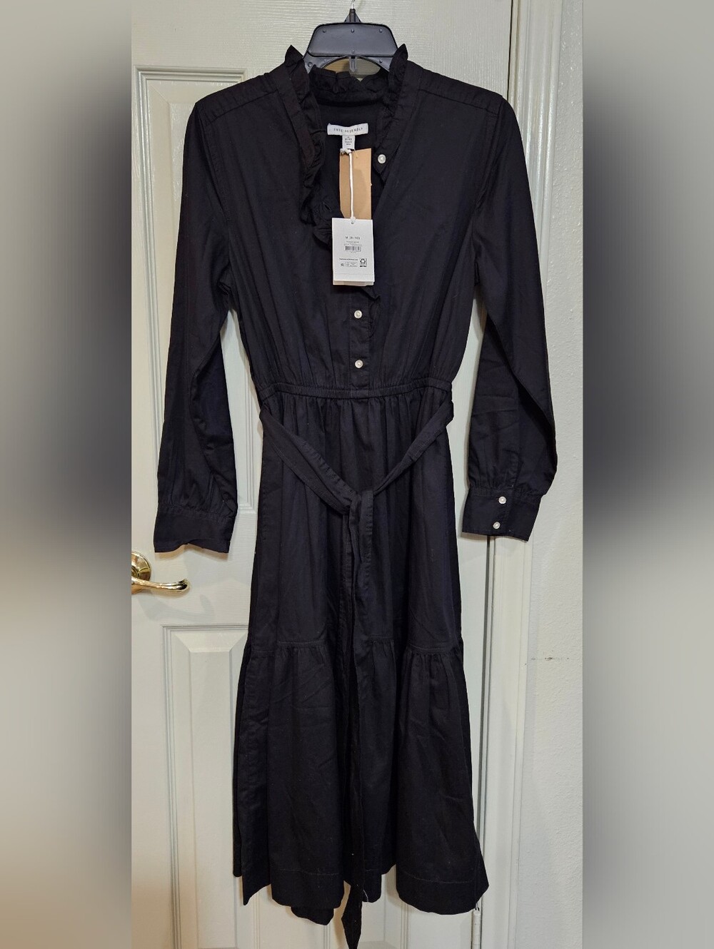 Long-Sleeve Black Ruffle-Neck Midi Dress with Waist Tie